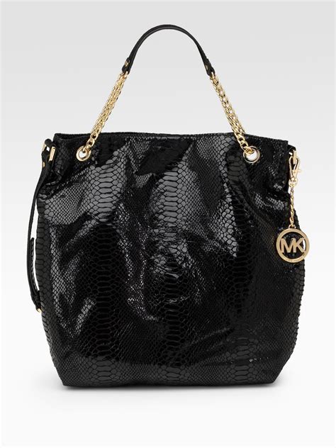 michael kors black on black|Michael Kors black patent tote.